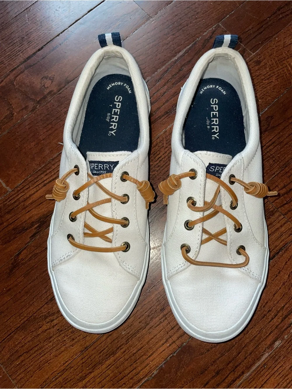 Sperry White Canvas Boat Shoes with Tan Laces